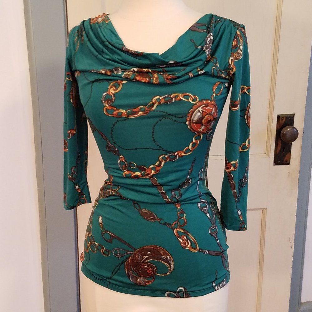 Green Cowl Neck 3/4 Sleeve Chain Print Stretch Top